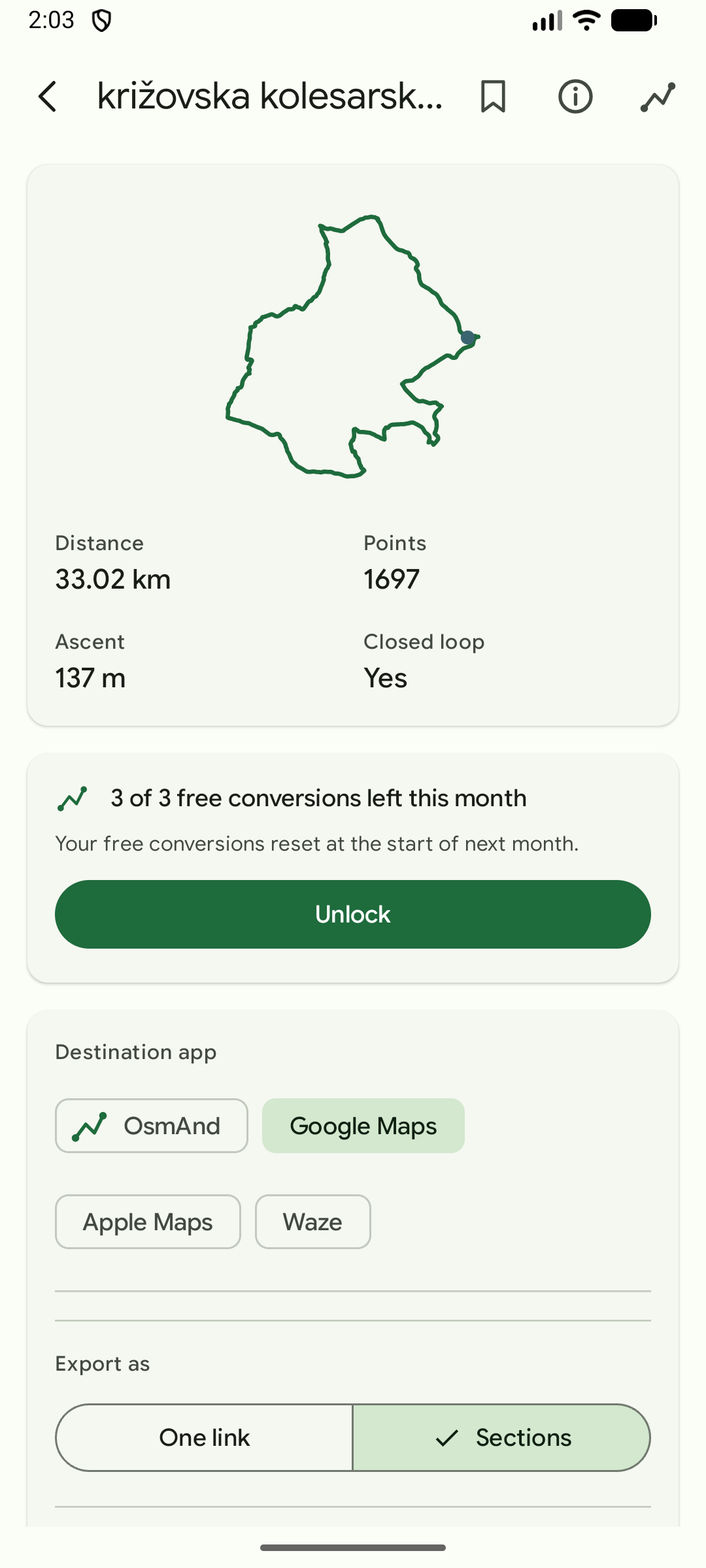 GPXport route summary screen showing distance, point count, ascent and a closed loop confirmation for an imported GPX track
