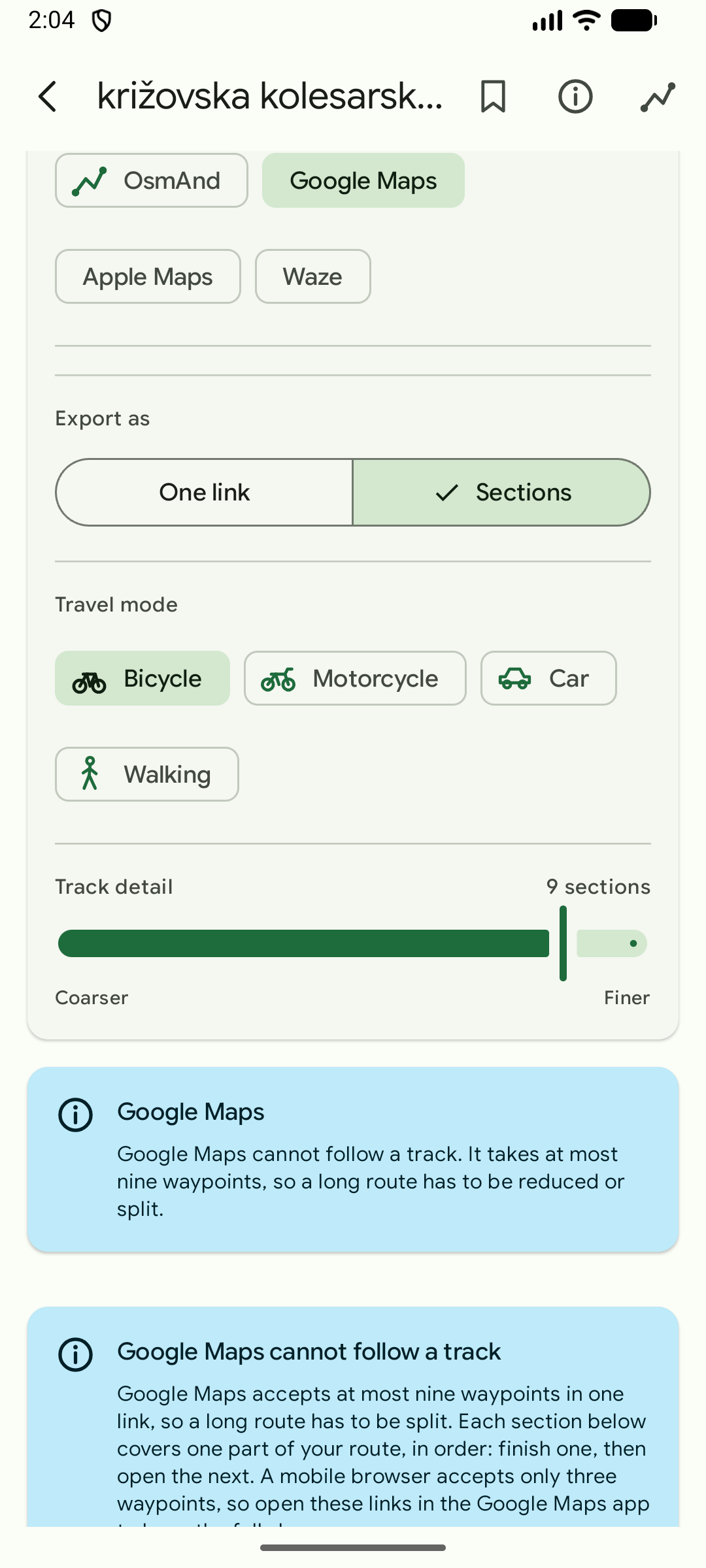 GPXport export screen with destination app, travel mode, track detail and sections controls
